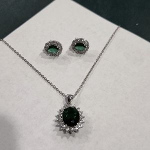 Silver Tone Necklace & Earring Set Emeralds & CZ Stones